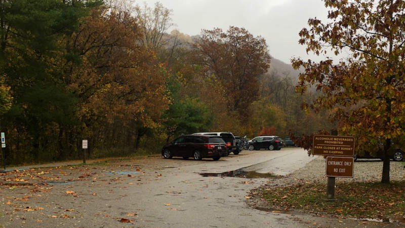 Parking lot with cars in Ohiopyle