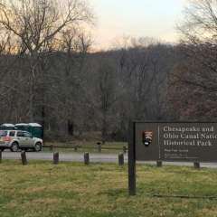 Parking lot and sign for Paw Paw Tunnel in C&O Canal National Historical Park